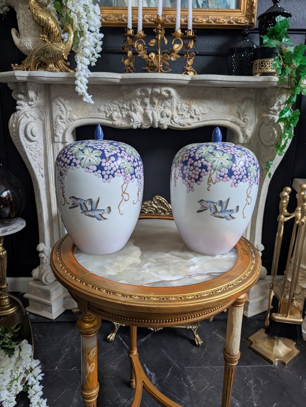 Vintage, Set of 2, Large Chinese Ginger Jar Painted Motifs Birds vase